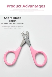 Detail view of pink pet nail clippers with sharp semi-circular stainless steel blades