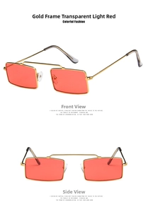 Detail view of gold metal rectangle sunglasses with transparent light red lenses