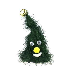 Animated dancing Christmas tree plush toy with googly eyes and gold bell ornament