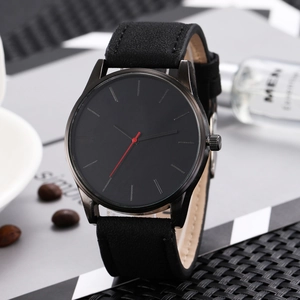 Minimalist black quartz watch with red second hand and matte leather strap for men