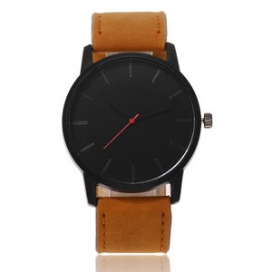 Minimalist black quartz watch for men with brown matte leather strap and red second hand