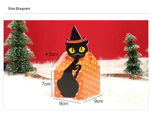 Halloween gift box size guide 9x9x7cm with cartoon black cat wizard topper for candy