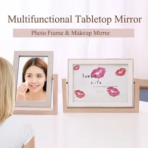 Rotating Photo Frame With Mirror Dual Sided Wood Nordic Retro Swivel Tabletop Picture Display For Living Room Bedroom