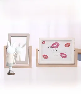 Rotating 5x7 inch wooden photo frame with 360-degree dual-sided mirror and card display