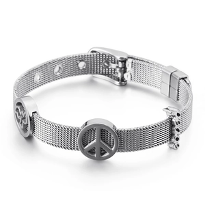 Polished stainless steel mesh bracelet with silver peace, butterfly, and love charms