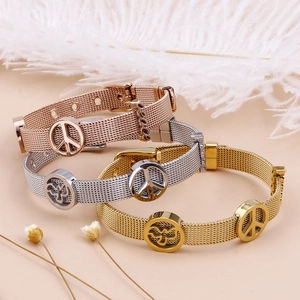 Unisex stainless steel mesh bracelets in gold, silver, and rose gold with peace sign charms