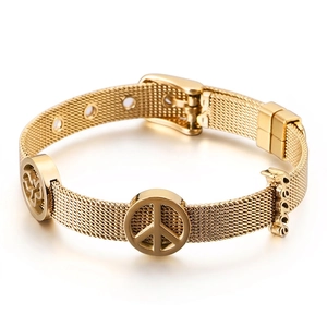 Stainless Steel Mesh Band Bracelet Adjustable Watch Strap Buckle Peace Sign Bird Charms Minimalist Trendy Jewelry For Women