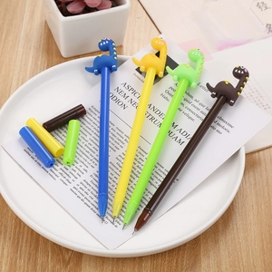 Set of 4 cute cartoon long neck dinosaur gel pens in blue, yellow, green and brown colors
