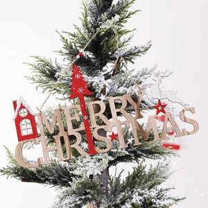 Wooden Merry Christmas hanging ornament with reindeer and tree on snowy pine branch