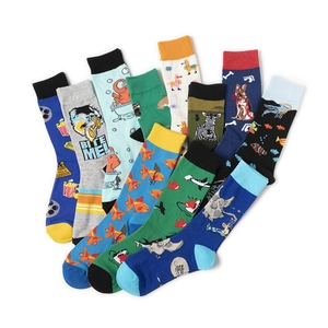 Variety of colorful crew socks featuring playful animal and food patterns on white background