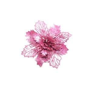 Close-up of glittery pink artificial flower for Christmas tree holiday decoration