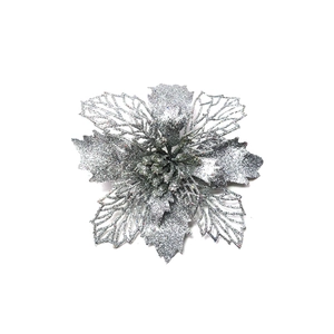 Close-up of a silver glitter hollowed-out artificial flower for Christmas tree decoration