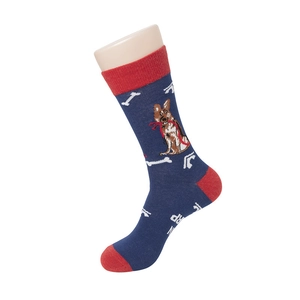 Detail of navy mid-calf socks with German Shepherd dog pattern and red contrast heel and toe