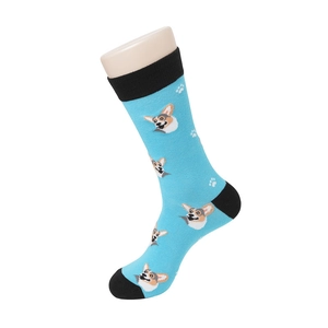 Détail de chaussettes bleu ciel avec motifs corgi et pointes noires contrastées