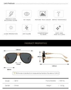 Detaillierte Größenangaben und technische Merkmale der Piloten-Sonnenbrille Modell 9670