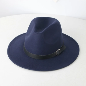 Vintage navy blue wool felt fedora with black leather belt and silver metal buckle