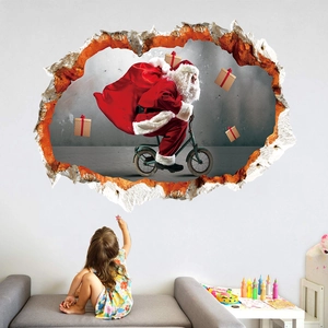 Sticker Mural 3D Père Noël à Bicyclette en PVC Décalcomanie Amovible pour Salon Chambre d'Enfant Décoration de Noël