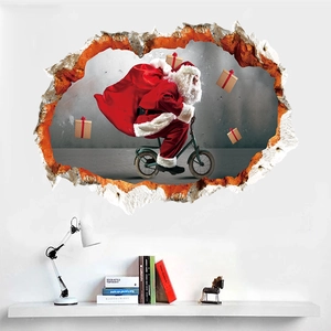 Sticker mural 3D Père Noël à vélo avec effet de mur brisé réaliste pour décoration
