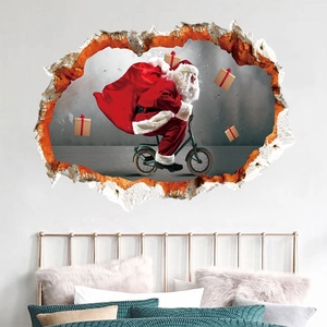 Sticker mural 3D Père Noël à vélo avec effet de mur brisé créatif pour décor de chambre
