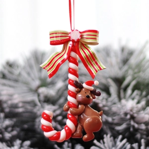 Christmas reindeer candy cane ornament with red bow for festive tree decoration