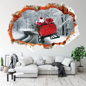 3D Effet De Mur Brisé Père Noël Traîneau De Rennes Sticker Mural Noël PVC Imperméable Amovible Décoration Maison Pour Salon Chambre Enfant
