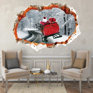 Sticker mural 3D Père Noël sur route enneigée pour décoration intérieure de Noël