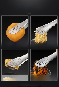 Vue macro de la pince de cuisine en acier inoxydable 304 avec design à fentes