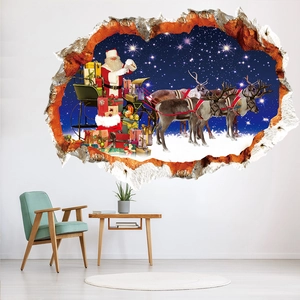 3D Christmas wall sticker with Santa and reindeer sleigh breaking through a snowy wall