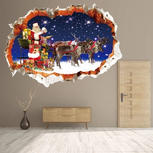 3D Christmas wall sticker featuring Santa Claus on a sleigh with reindeer in living room