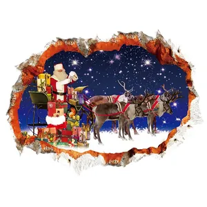 3D Christmas wall sticker featuring Santa Claus on a sleigh with reindeer in the winter night