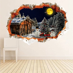 Sticker mural 3D de Noël avec bonhomme de neige et chalet, effet trou dans le mur décoratif