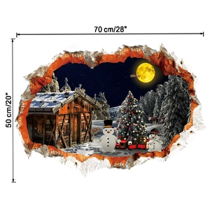 Sticker mural 3D Noël avec bonhomme de neige et sapin, dimensions 70x50 cm décor