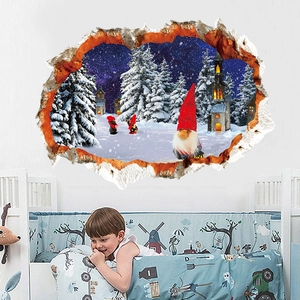 3D Christmas wall decal featuring Santa in snowy forest with creative wall hole effect