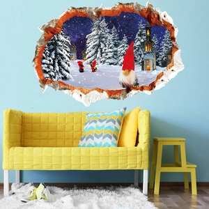 3D Christmas wall sticker featuring gnomes and snowy pines above a yellow sofa