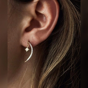 Crescent Moon And Star Earrings Copper Zircon Gold Plated Elegant Fashion Jewelry For Women