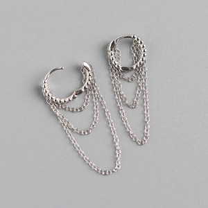 S925 sterling silver hoop earrings with bead decor and multi-layer tassel chains