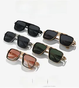 Detailed close-up of square metal sunglasses in various colors with punk industrial design