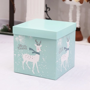 Mint green Christmas gift box with reindeer pattern shown from a 45-degree angle