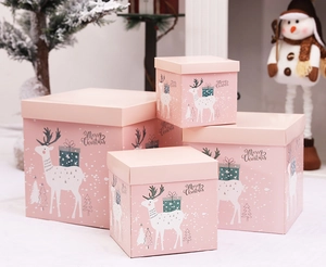 Detailed view of pink stackable Christmas gift boxes with deer pattern and Merry Christmas text