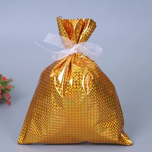 Golden holographic laser drawstring gift bag with white organza ribbon for Christmas