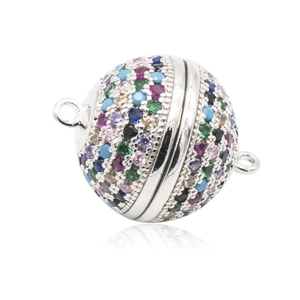 Detailed view of spherical magnet clasp with colorful micro-pave zirconia for jewelry DIY