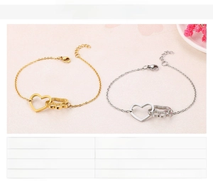 Detail of stainless steel heart and paw print bracelets in gold and steel finishes