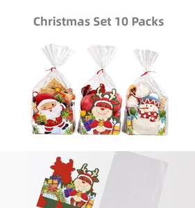 Detail view of 10-set Christmas gift bags with Santa and elk card inserts and ties