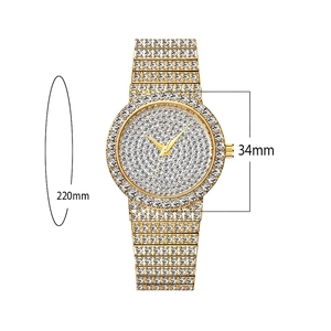 Luxurious gold stainless steel women's watch with full crystal pavé dial and strap