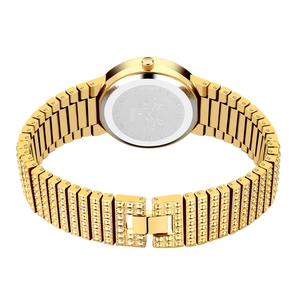 Macro detail of MISS FOX gold watch back with stainless steel and waterproof engraving
