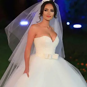 Robe De Mariée Bustier Cœur Blanc Paillettes Tulle Robe De Bal Avec Nœud À La Taille Pour Femmes