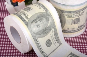 Macro shot of novelty toilet paper printed with one hundred dollar bill currency patterns