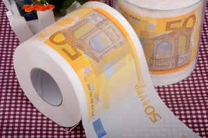 Close-up of toilet paper rolls featuring detailed prints of 50 Euro currency banknotes