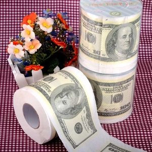 Detail shot of printed toilet paper featuring realistic 100 dollar bill pattern