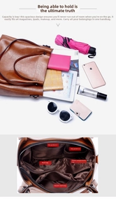 Detailed interior view of the brown tote bag showing compartments for A4 files and iPad